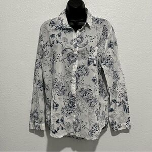 Coastal White Blue Paisley Floral Long Sleeve button Down Oversized Shirt L